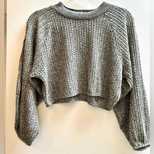 Zara Gray Knit Eyelet Cropped Long Sleeve Sweater